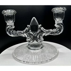 Martinsville Viking NEW Clear Glass Double Candle Holder "Prelude" Etched Base‎